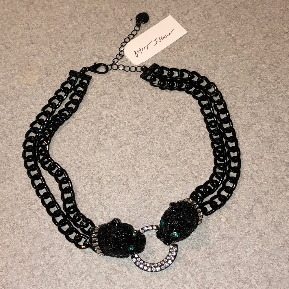Betsey Johnson Crystal Encrusted Double Black Panther Choker Necklace NWT